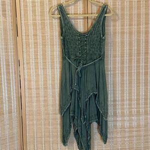 Flower Womens OS Dress Green Embroidered Sleeveless Boho Festival Coachella